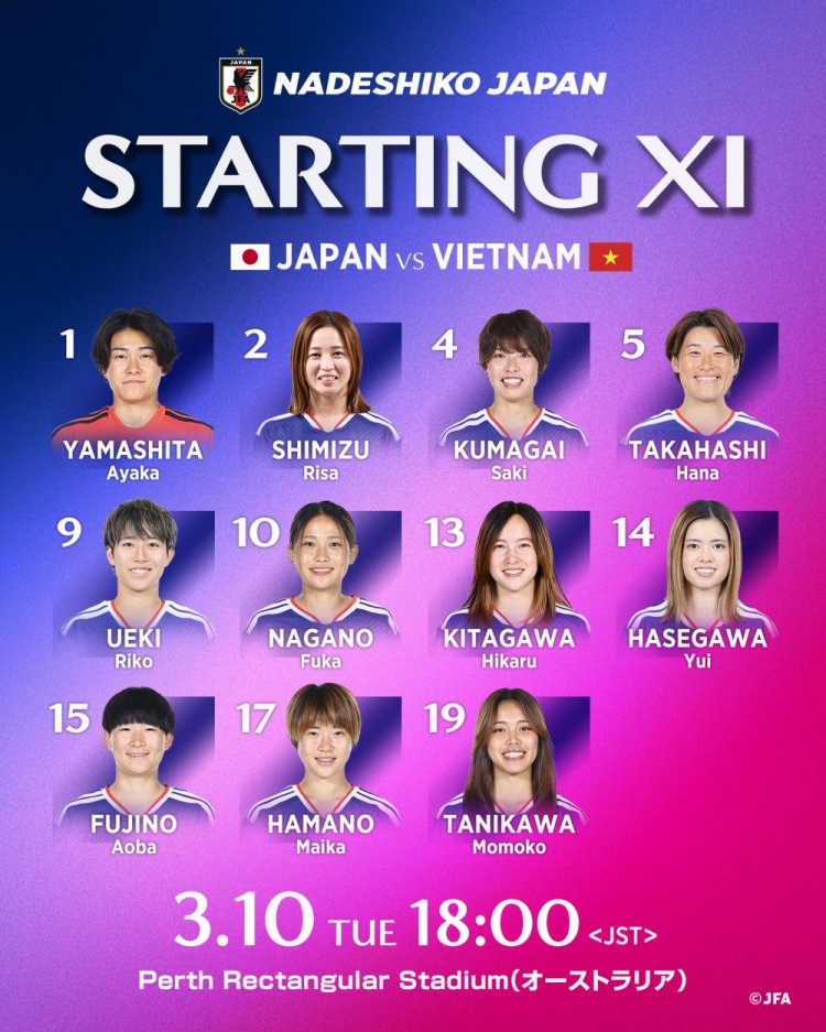 虎扑直播-日本女足vs越南女足首发：长谷川唯、清水梨纱、谷川萌萌子出战